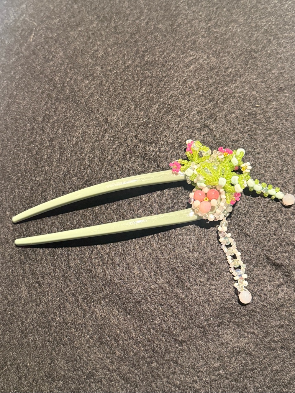Delicate Beaded Green Hair Fork with Floral Accent